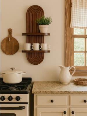 Arched Wood Wall Shelf styled in a kitchen holding mugs and a potted plant above a stove.