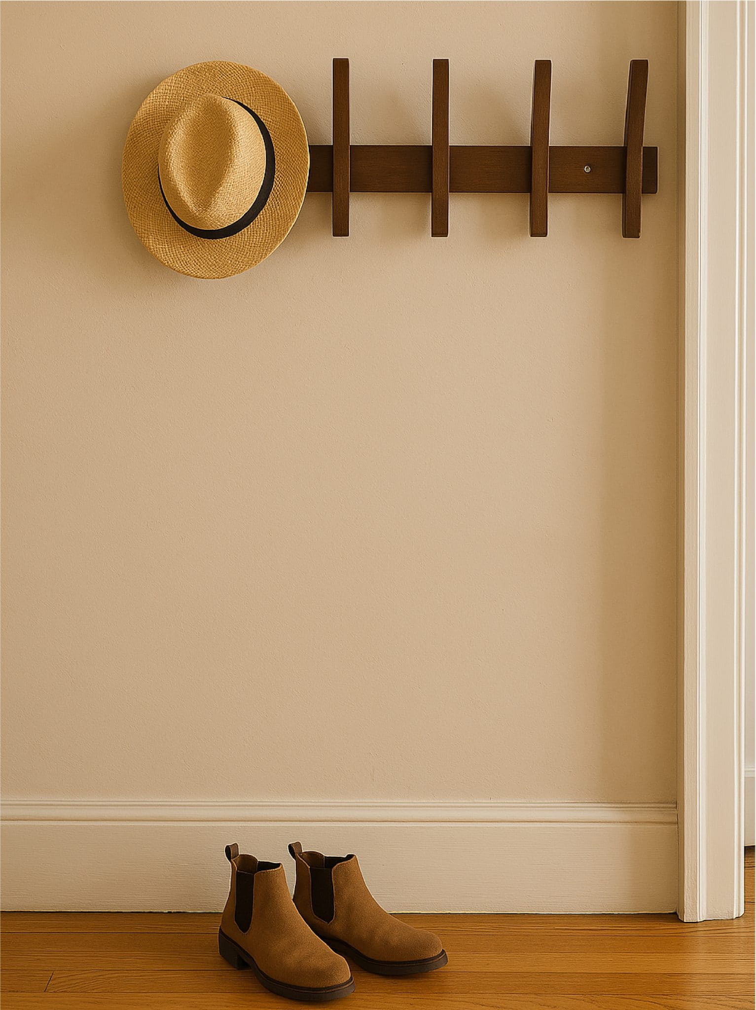 Wood Hanging Wall Rack – Large with five rounded pegs styled in an entryway.