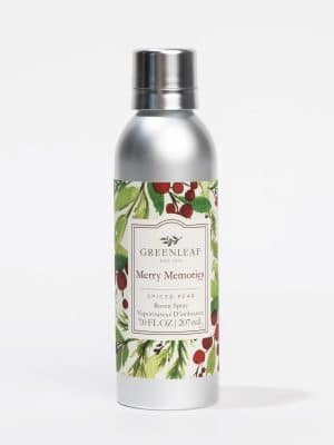 Aluminum bottle of Greenleaf Merry Memories Room Spray with festive holly and berry design label.