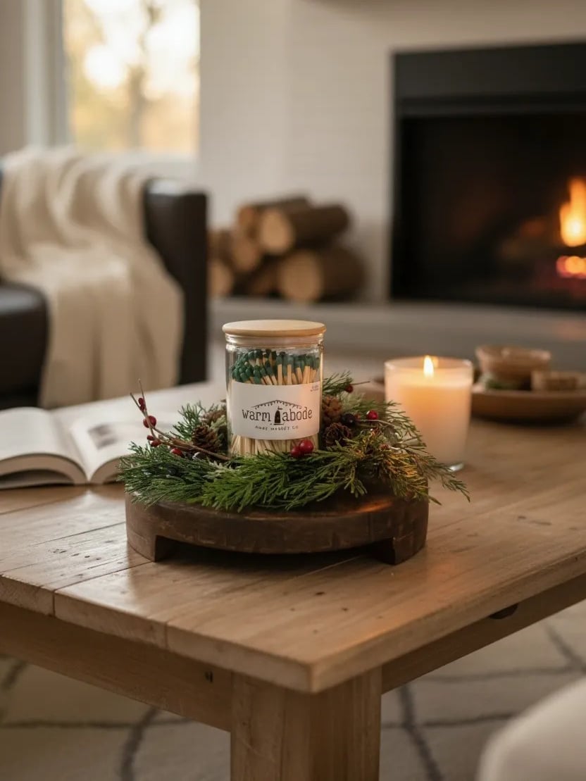Cozy holiday scene featuring a small greenery wreath with pinecones and berries styled on a found wood pedestal with Warm Abode Christmas Matches and a candle beside a fireplace.