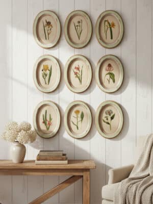 Nine oval wood framed flower wall decor pieces are arranged as a gallery wall above a console table, featuring vintage-style botanical illustrations.