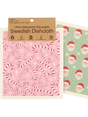 Swedish dishcloth set with pink candy cane print and green Santa print.