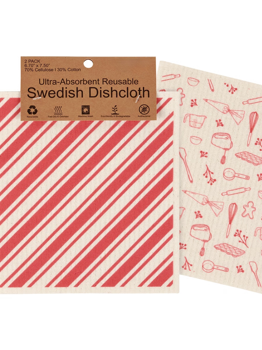Red and white striped Swedish dishcloth with candy cane-inspired pattern.