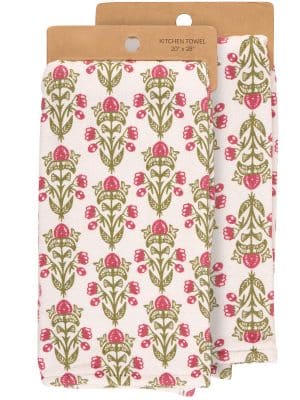 Cotton kitchen towel with green and pink block-print floral design, 20″ x 28″.