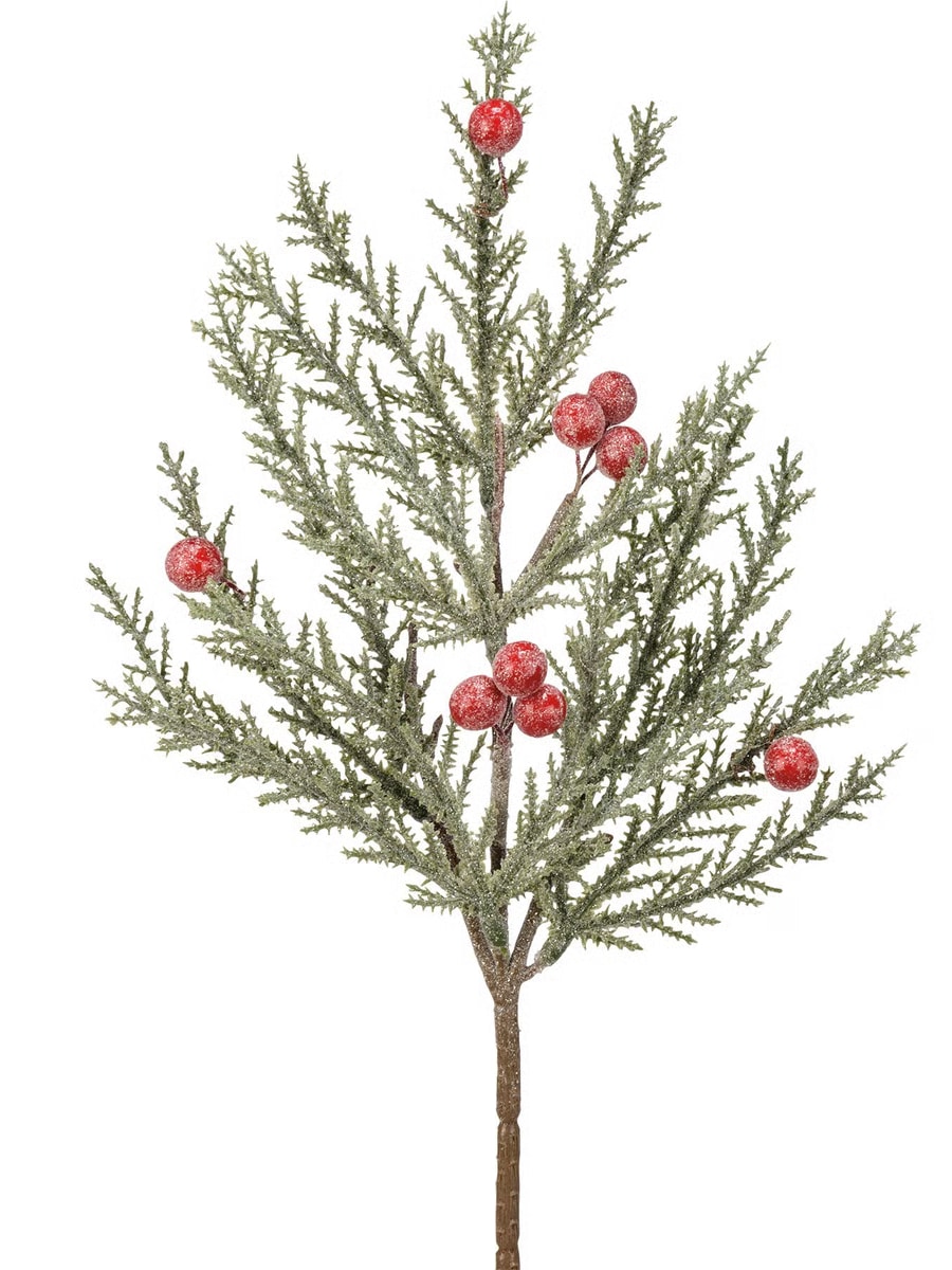 Glittered pine floral pick with frosted greenery and red berries.