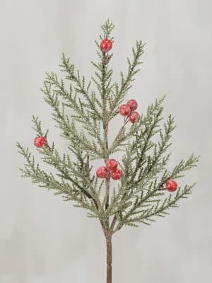 Holiday floral pick featuring glittered pine branches and bright red berries.
