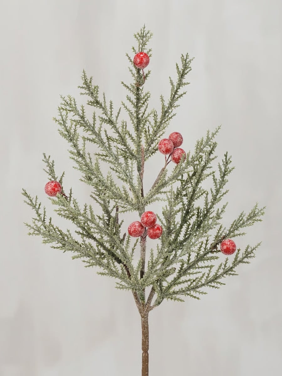 Holiday floral pick featuring glittered pine branches and bright red berries.