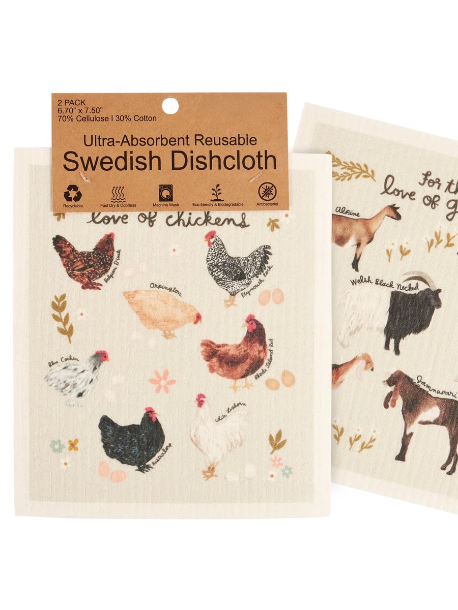Eco-friendly Swedish dishcloth set featuring goat and chicken farm animal prints.