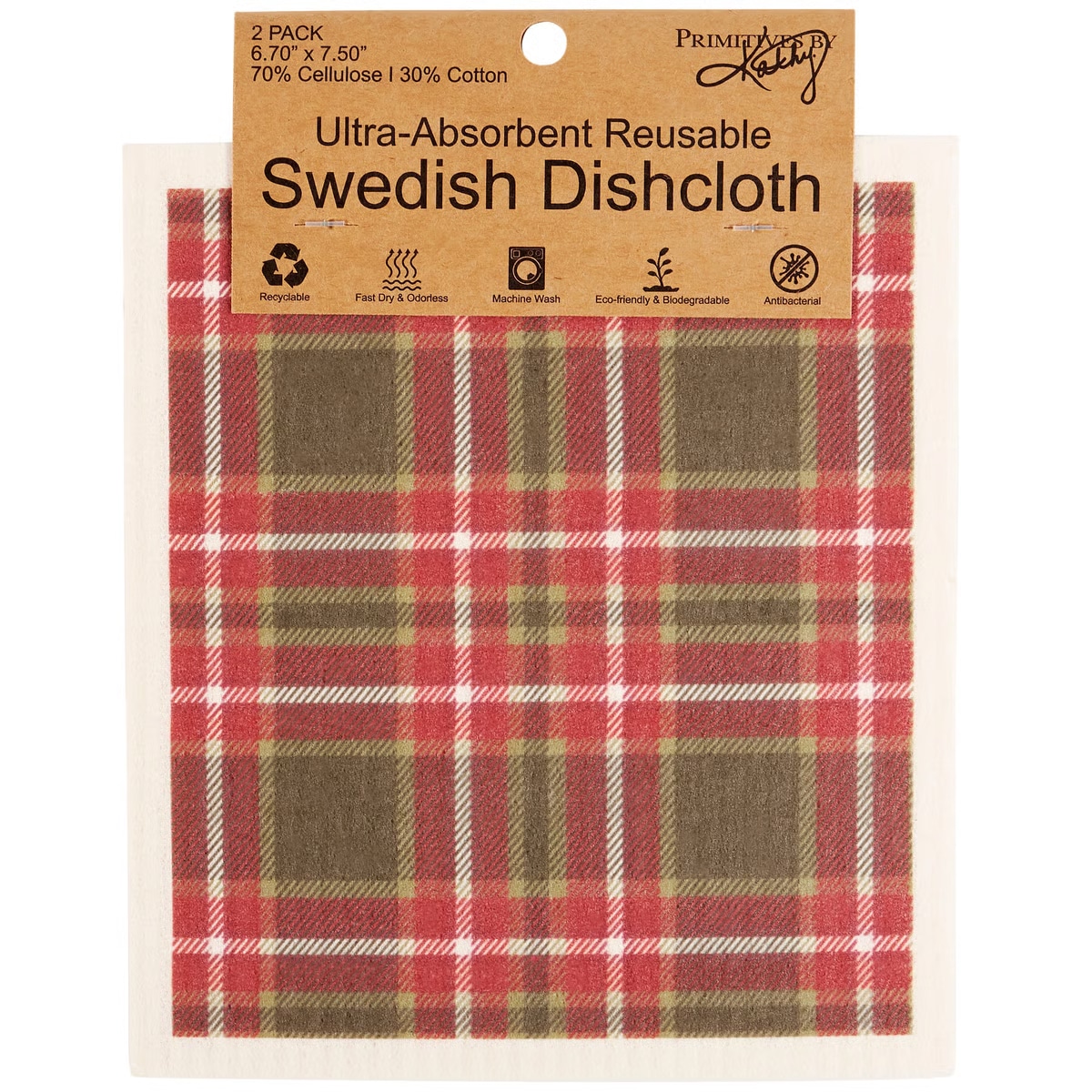 Red and brown plaid Swedish dishcloth, eco-friendly and reusable.