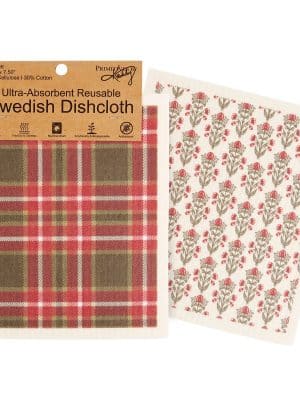 Two Swedish dishcloths—one in red plaid, one with red and green floral block print.
