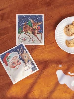 Eco-friendly Swedish dishcloth set featuring retro Santa and reindeer prints.