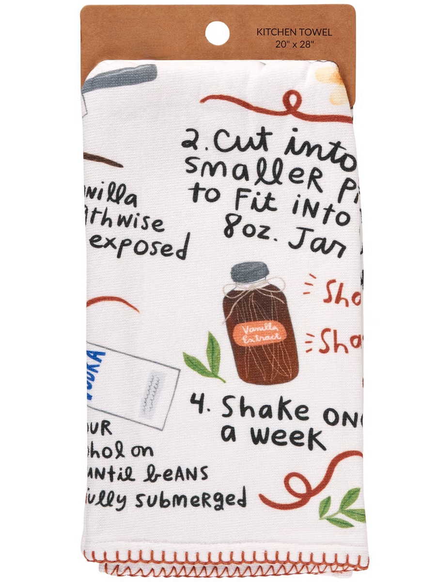 Cotton kitchen towel featuring whimsical recipe print with terrycloth back and hanging loop.