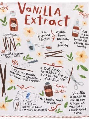 Kitchen towel with illustrated vanilla extract recipe, including jars, scissors, and vanilla beans.