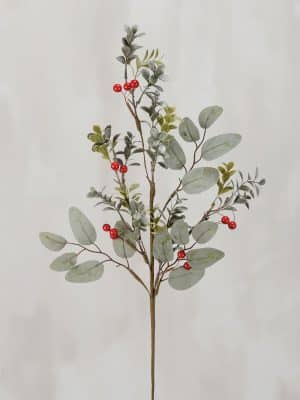 Eucalyptus and red berry floral pick with soft green leaves and realistic stems, styled against a light neutral background.