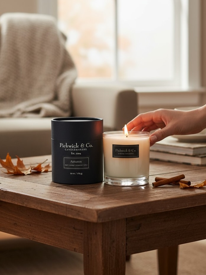 Lit Autumn Pickwick Candle – 10 oz on a wooden table with cinnamon sticks and fall leaves nearby.