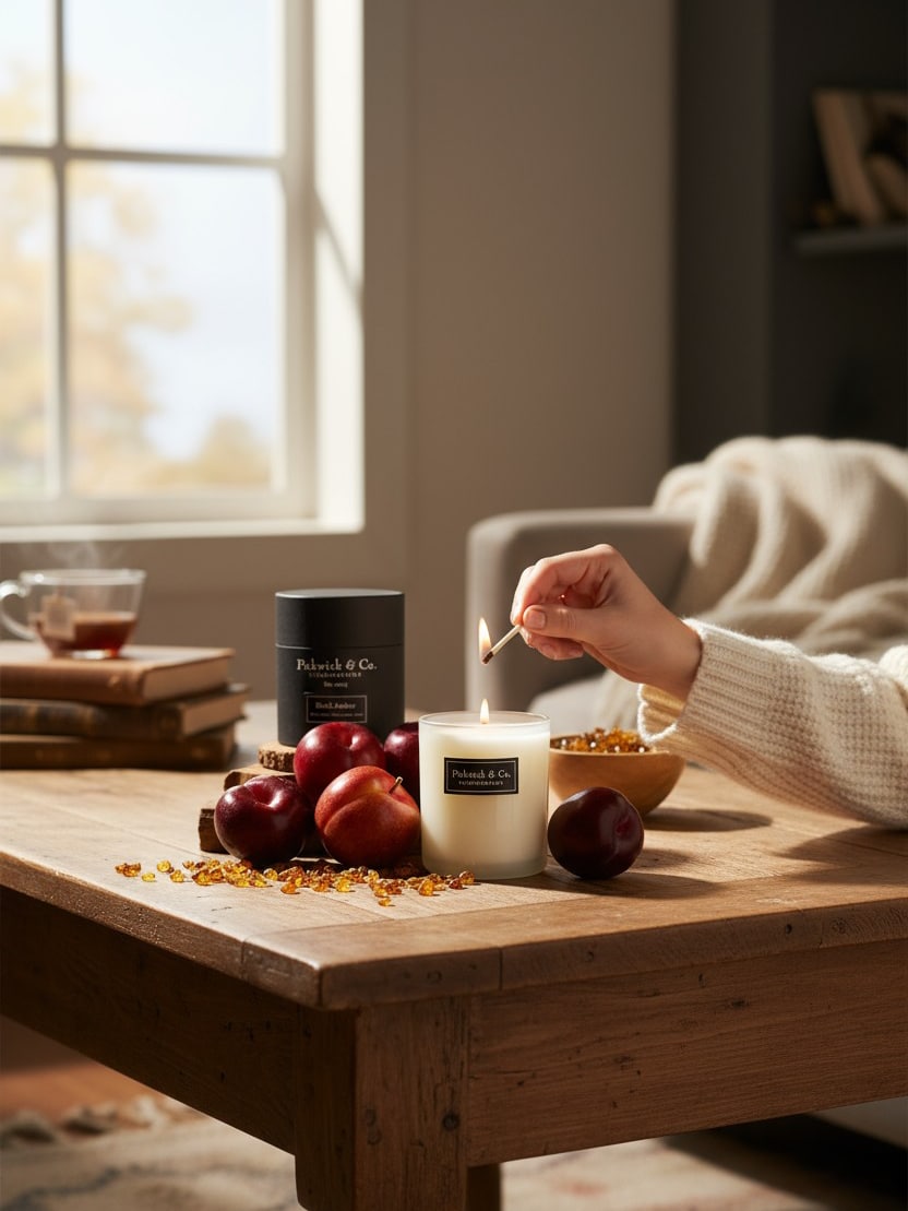 Hand lighting the Black Amber Pickwick Candle with plums and amber pieces styled on a wooden table.