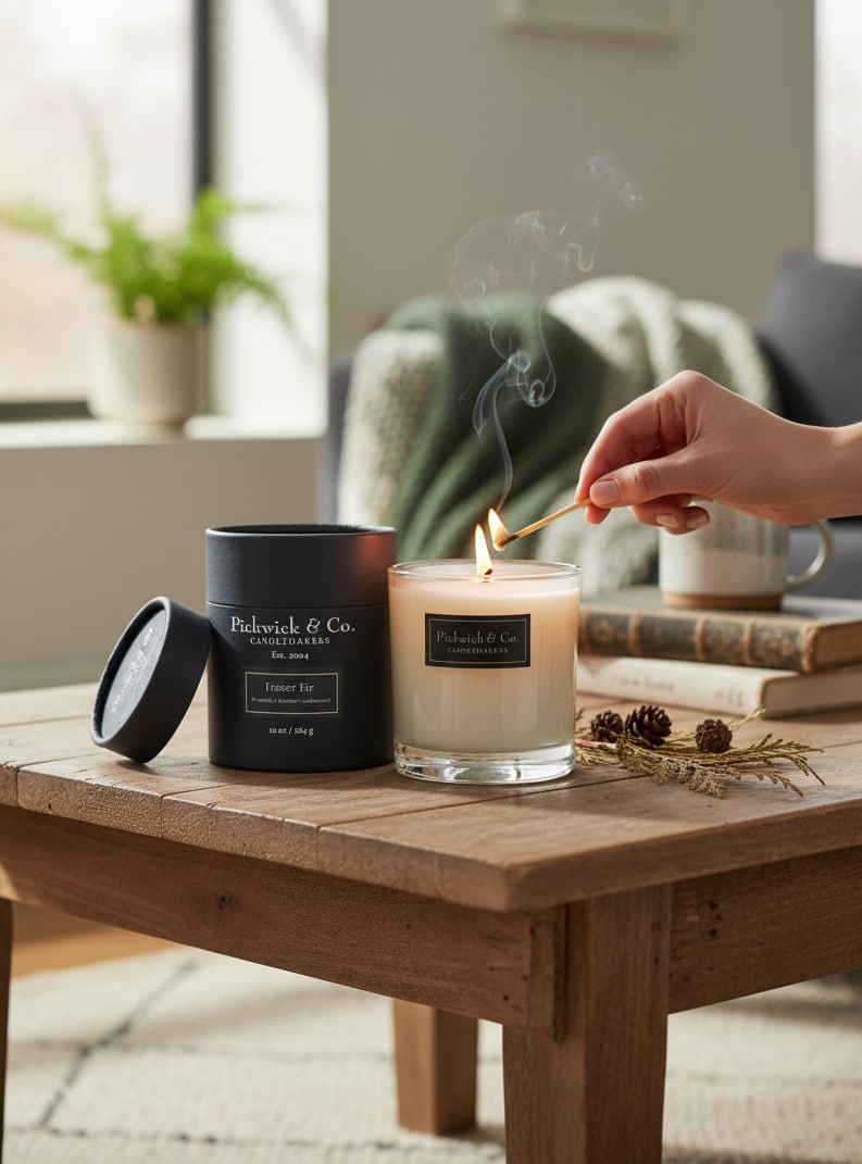 Hand lighting Fraser Fir Pickwick Candle in glass vessel with black box on wooden table, 10 oz evergreen and herbal fragrance