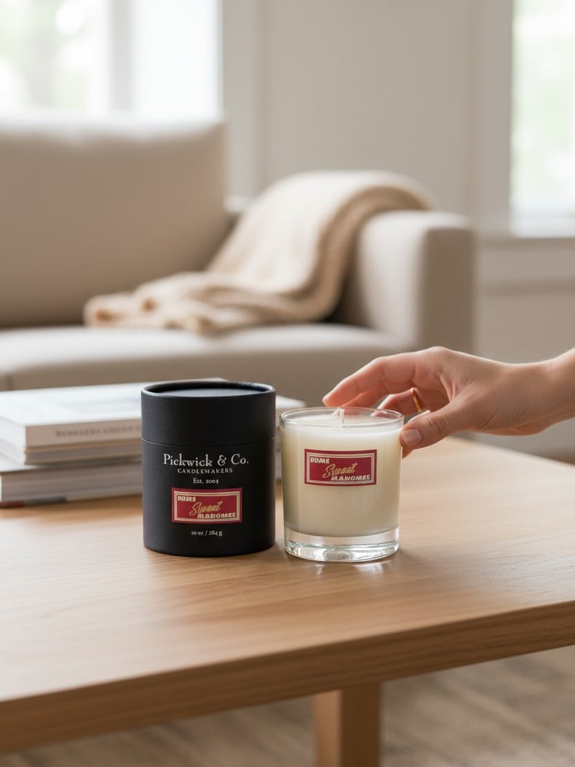 Home Sweet Mahomes Pickwick Candle on table with black box beside it – sandalwood, tonka, and tobacco fragrance – 10 oz