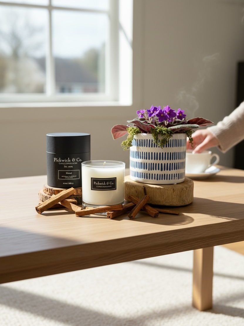 Hotel Pickwick Candle styled on a wooden table beside a potted violet plant and cinnamon sticks – boutique-inspired fragrance.