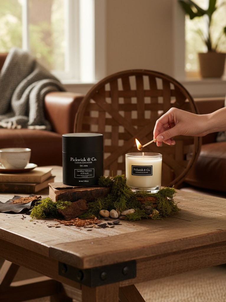Hand lighting the Leather Tobacco Woods Pickwick Candle on a rustic wood table with moss and natural accents.