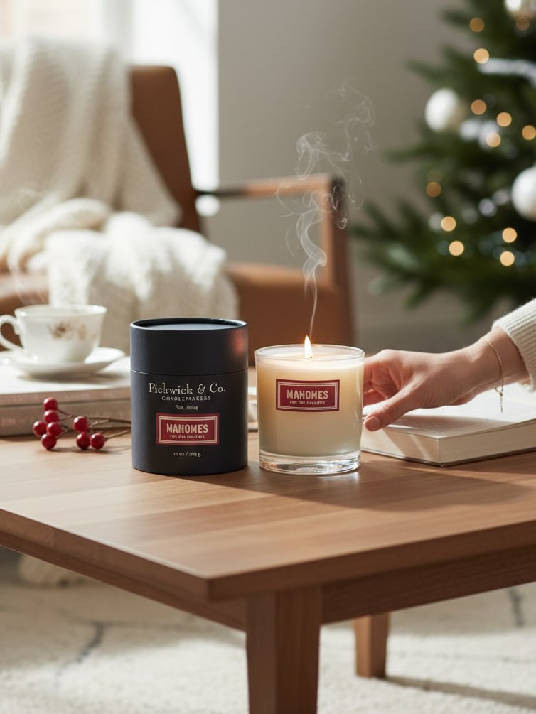 Hand lighting the Mahomes for the Holidays Pickwick Candle in glass vessel beside Pickwick black box, 10 oz balsam, leather, amber scent.