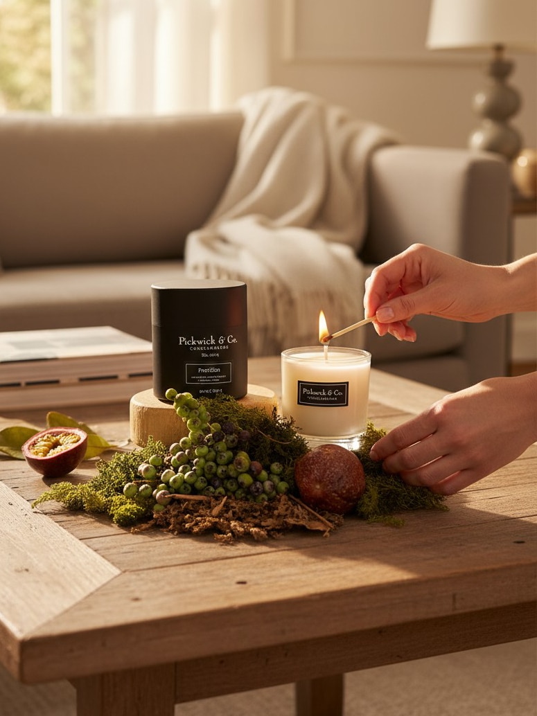 Pickwick & Co. Portofino Candle burning on a table with passionfruit and greenery styled around it.