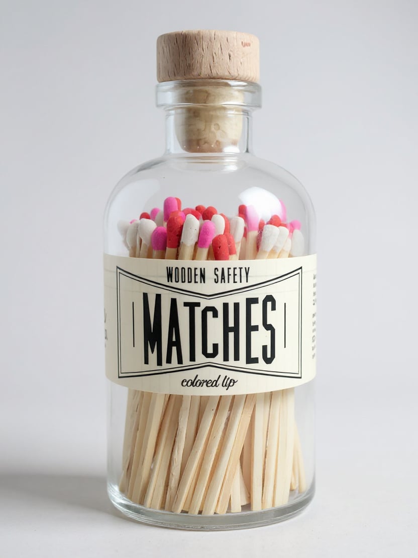 Vintage Apothecary Valentine Match Mix shown in a clear glass jar with a cork top and pink, red, and white match tips