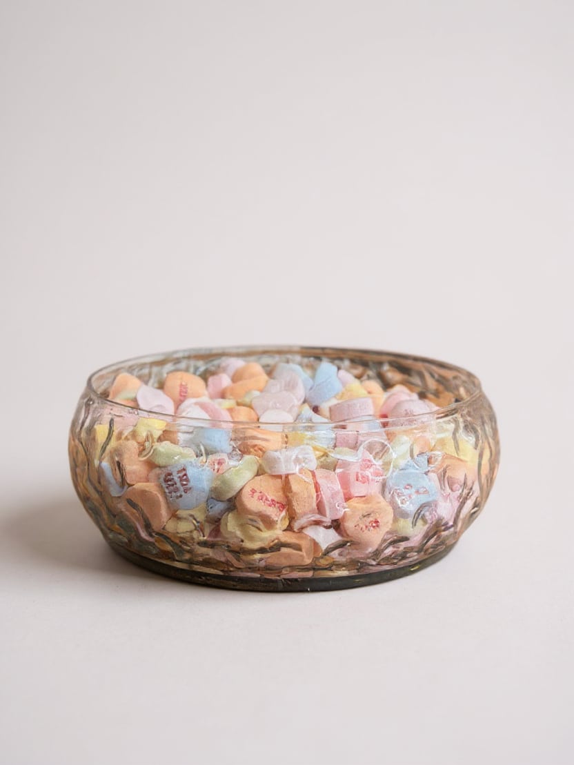 Hand-Blown Glass Hobnail Bowl shown from the side with clear glass texture