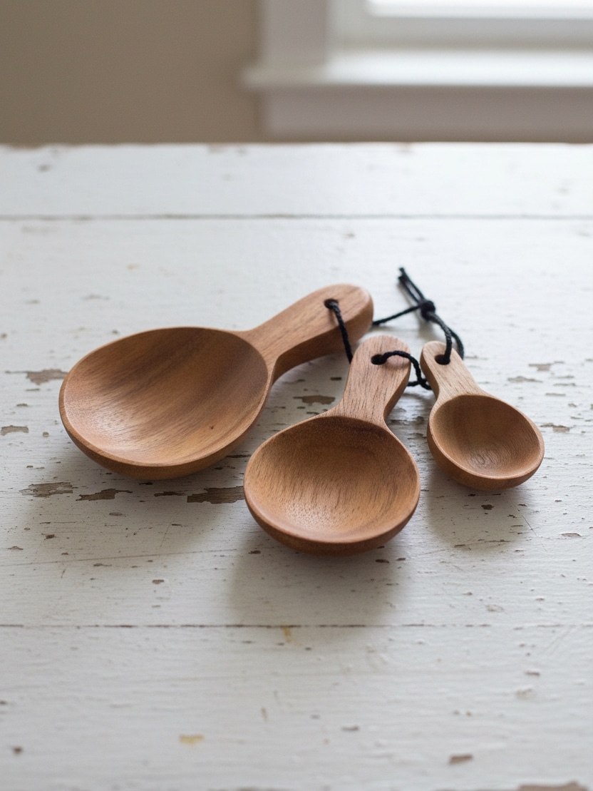be-made-hays-ks-small-carved-wood-spoon-set-tied-with-black-string Three assorted hand-carved acacia wood spoons stacked and tied with black string on a distressed white wood surface.