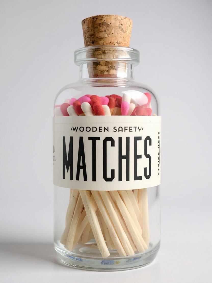 Mini Vintage Apothecary Valentine Match Mix shown in a small glass jar with a cork top and pink, red, and white match tips