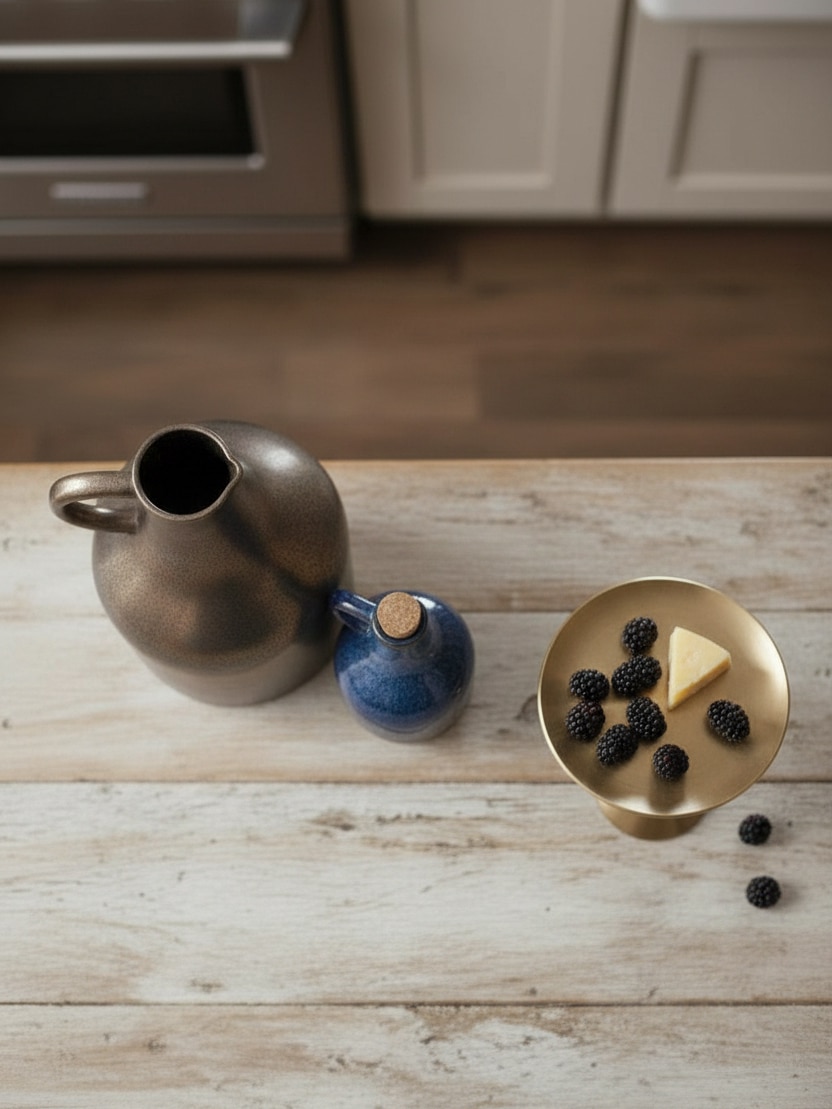 Top View Of Brass Pedestal Small With Blackberries And Cheese Next To Small Indigo Blue Pitcher And Bronze Pitcher On Wood Table