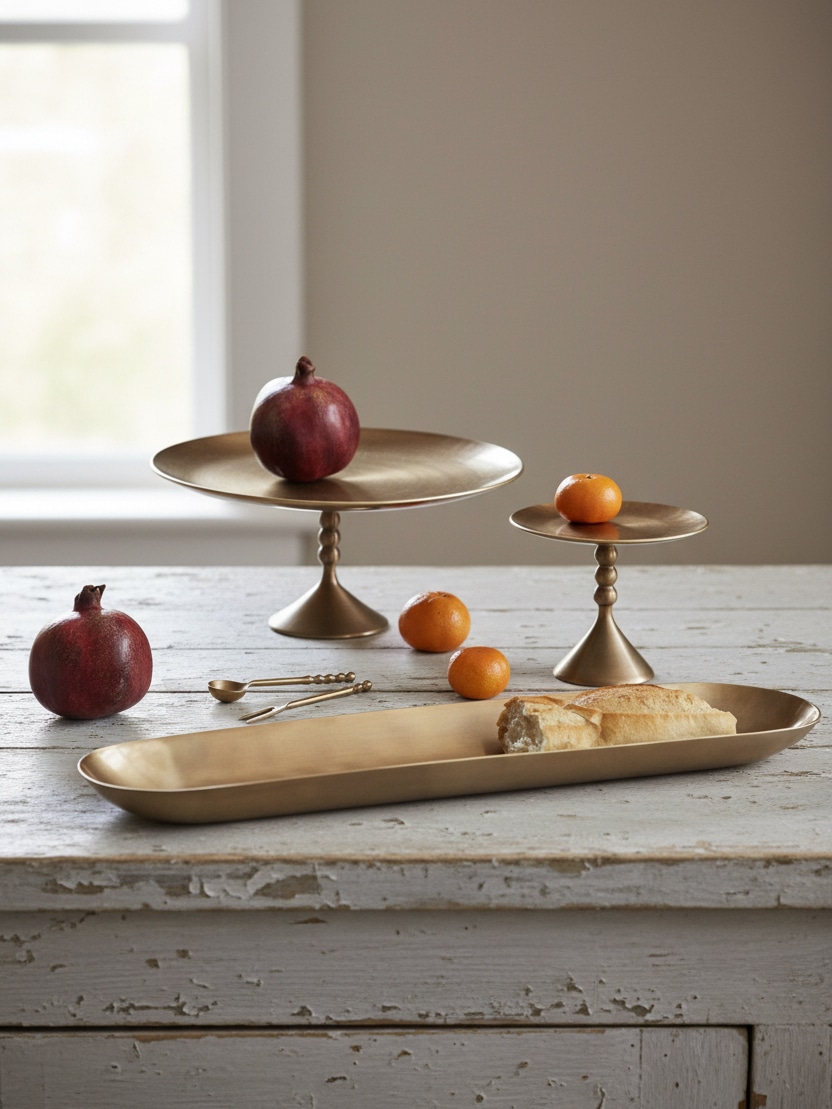 Small and large brass pedestal stands styled on a distressed white table with pomegranates, mandarins, gold spoons, and a long brass tray with bread.