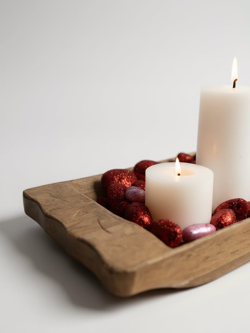 Small Hand-Carved Wooden Dough Bowl Styled with Candles on a Neutral Background
