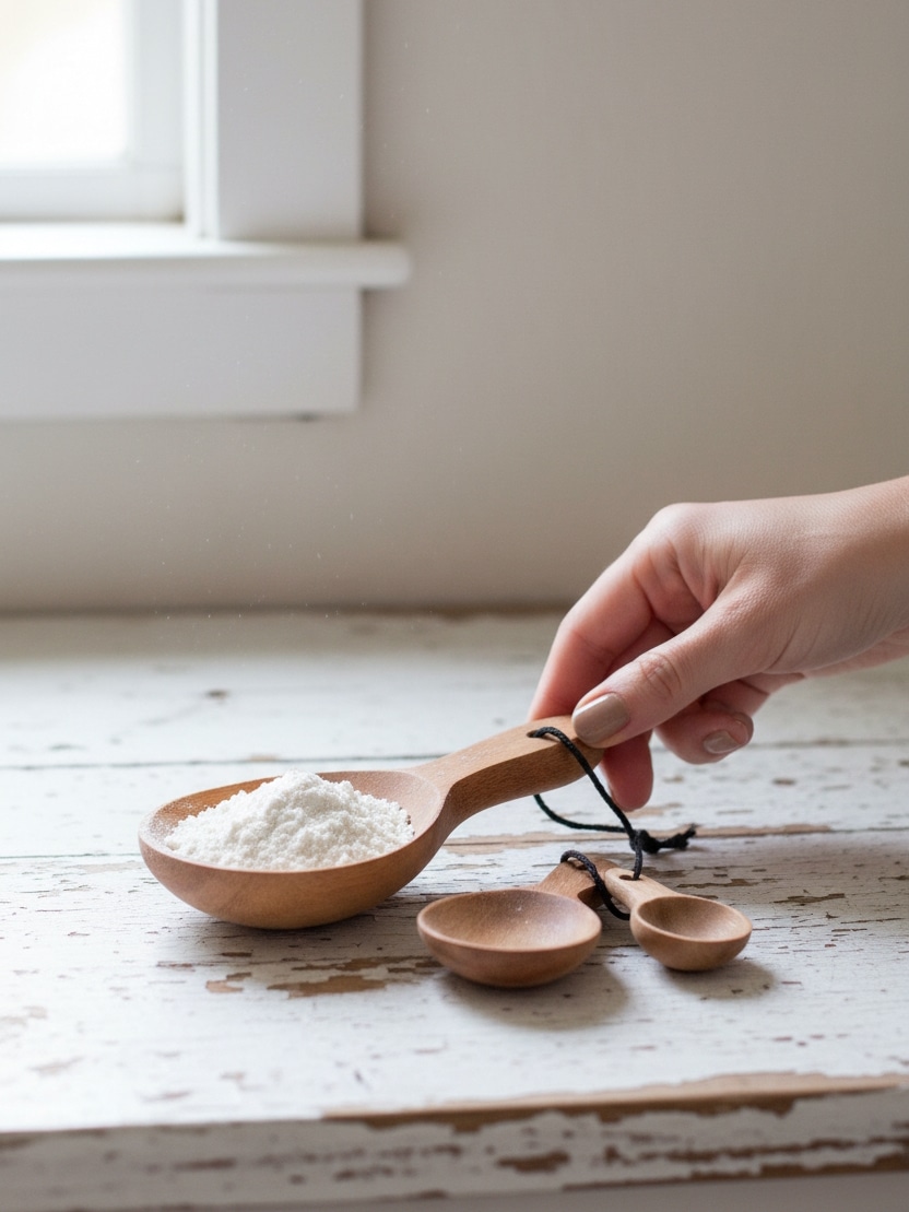 Using a small carved acacia wood spoon, with two matching spoons beside it.
