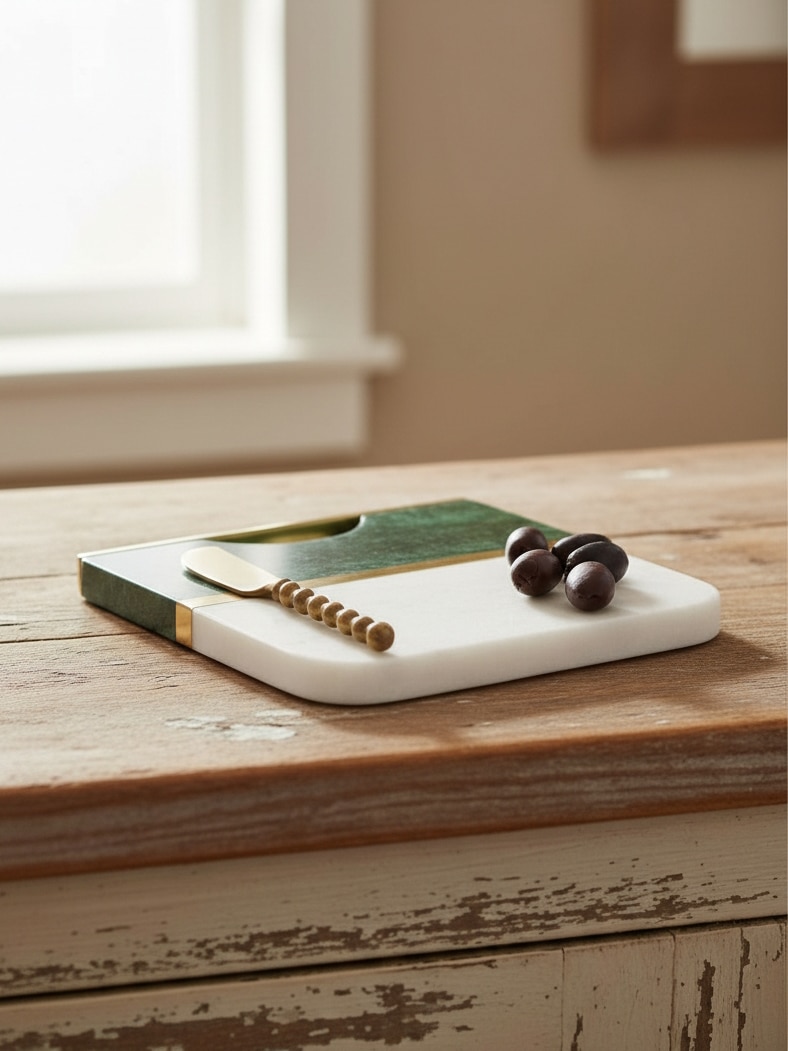 Emerald wood and marble rounded square bar board with brass inlay, photographed at an angle on a rustic table with a gold spreader and olives.