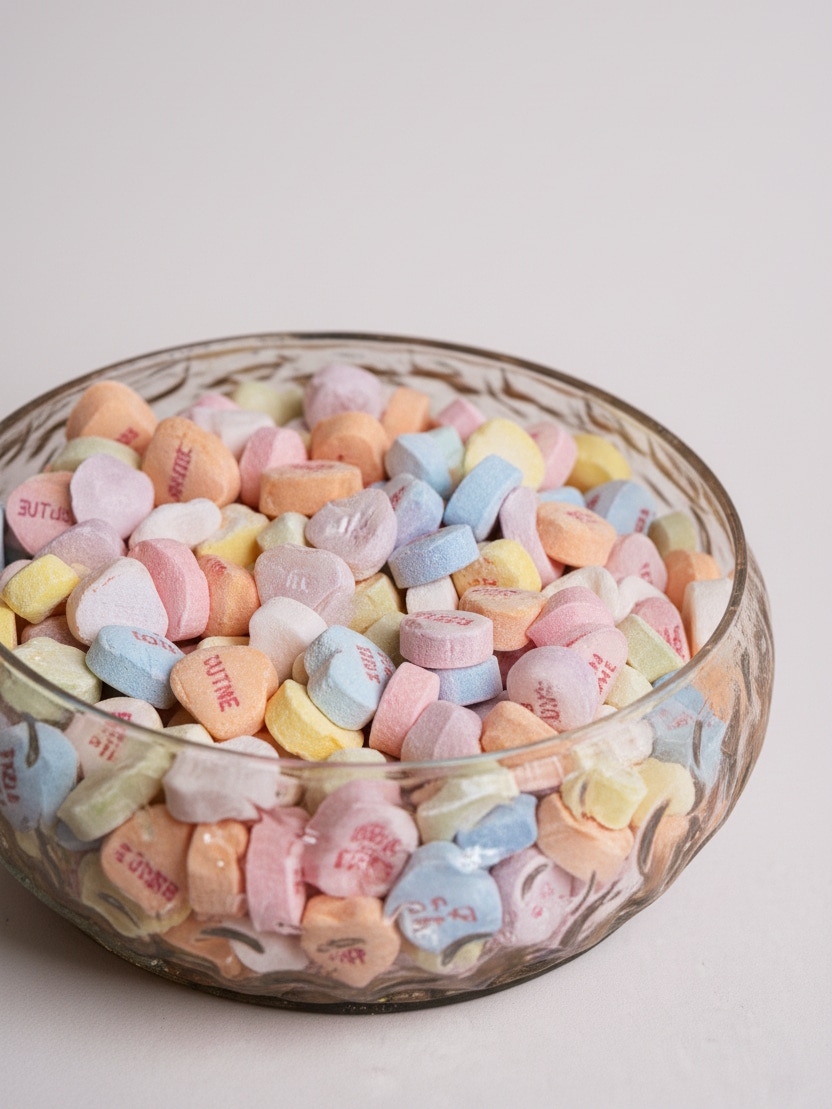Hand-Blown Glass Hobnail Bowl shown filled with pastel candy in a close-up view