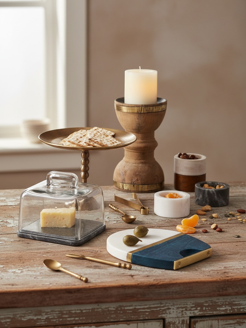 Styled tabletop with a large brass pedestal stand, a marble square cloche, a candle on a wood pedestal, and a blue-and-marble board.
