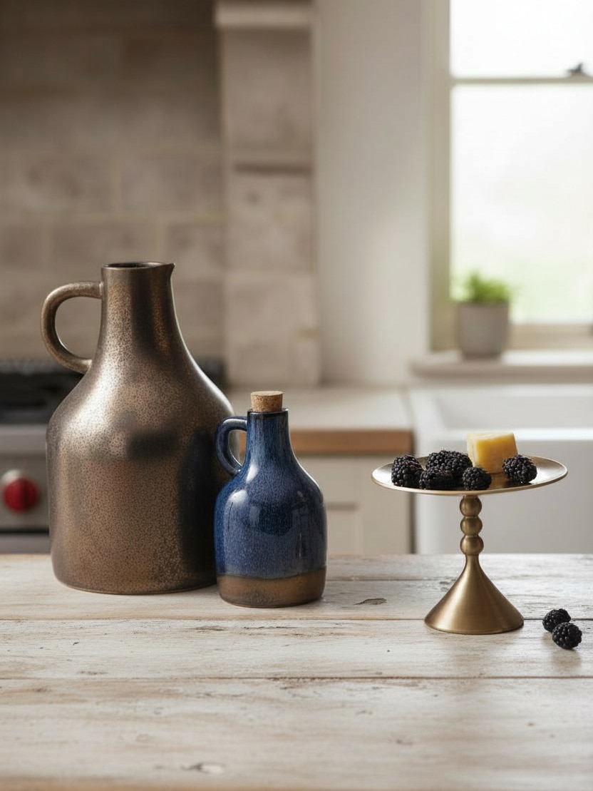 Small Brass Pedestal With Blackberries And Cheese Beside Small Indigo Blue Pitcher And Large Bronze Pitcher On Rustic Table