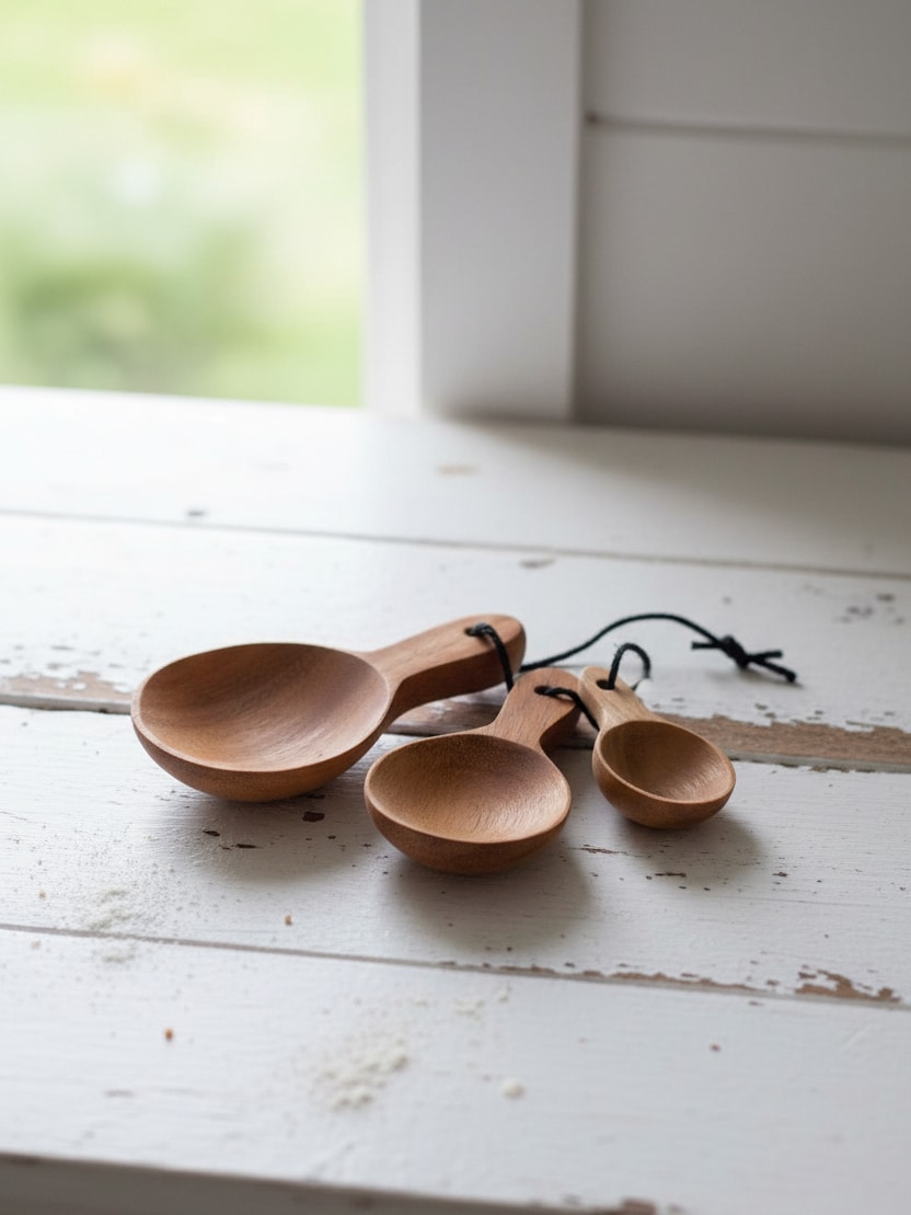 Set of three assorted small acacia wood spoons with carved handles arranged on a white rustic tabletop near a window.