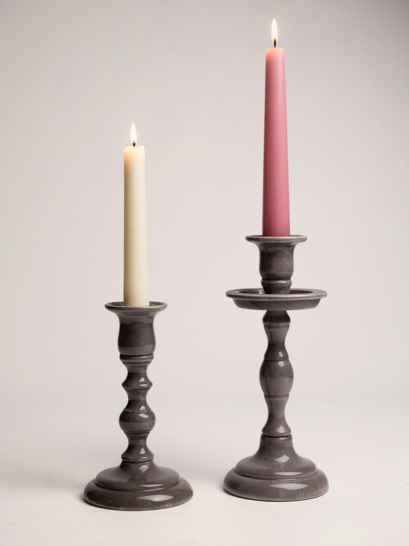 Gray Empire Taper Candle Holders Displayed Against a Soft Neutral Backdrop