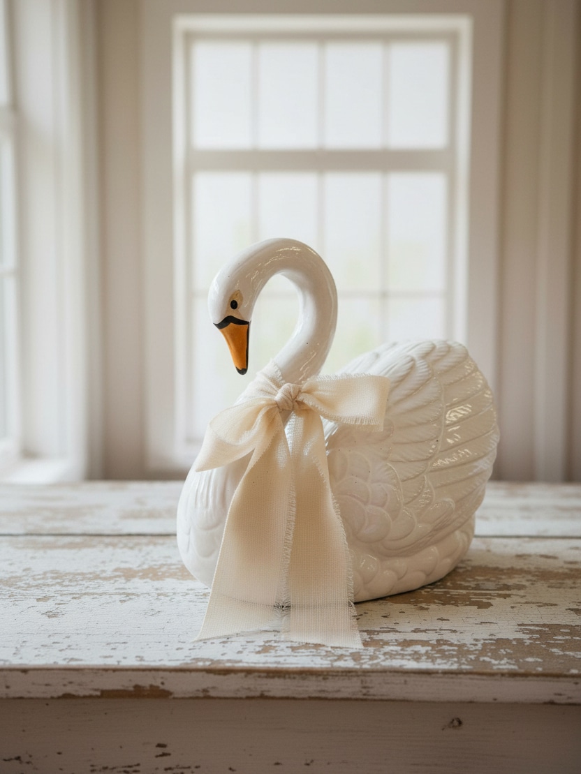 A white stoneware swan bookend with detailed feather texture, styled on a rustic tabletop in front of a bright window.