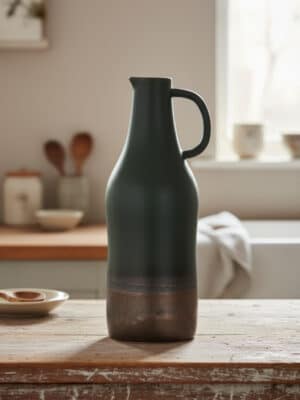 Ceramic pitcher vase with handle in deep emerald green glaze and bronze-toned base on a rustic kitchen table