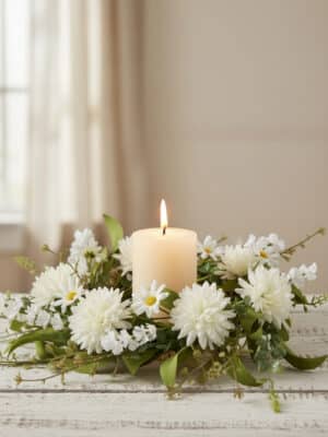 White Pom Pom Wildflower candle ring with white pom pom blooms, small daisy flowers, and greenery, styled around a cream pillar candle on a table.