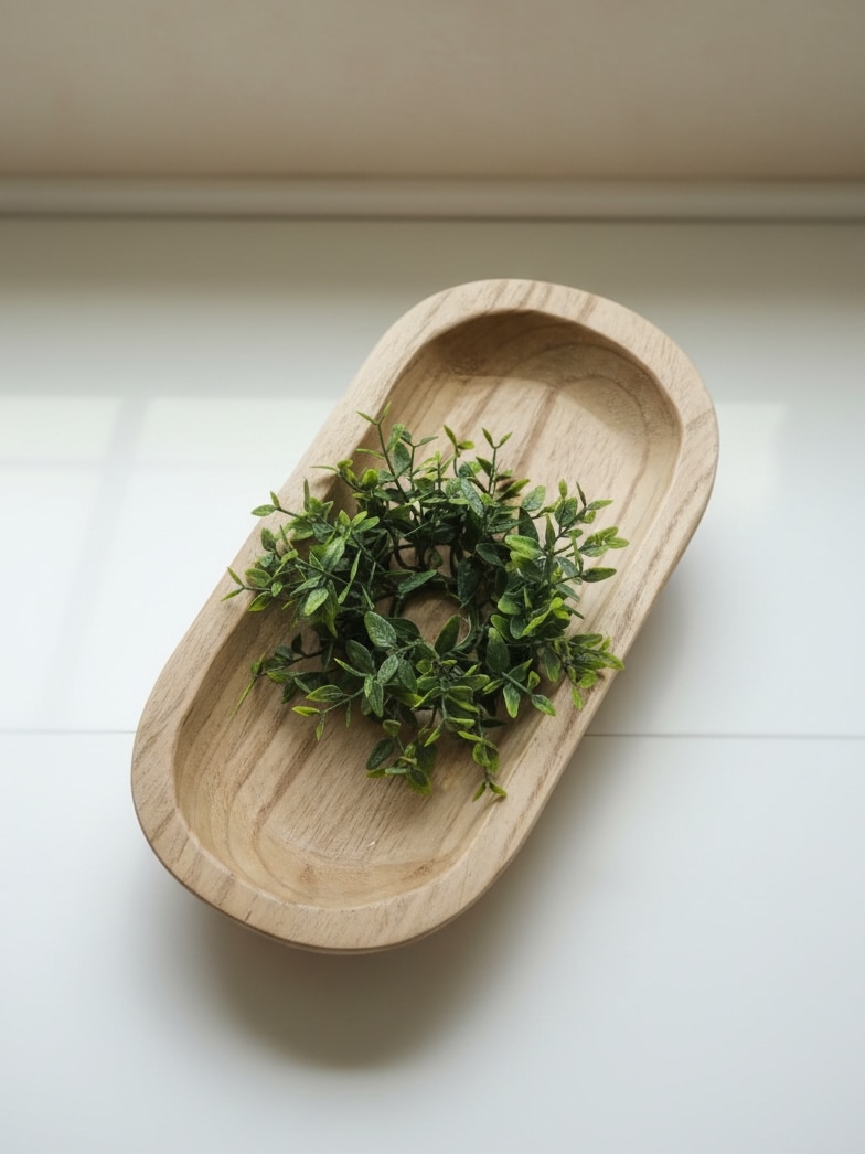 Lemon Beauty 5-inch taper candle ring with mixed green foliage, styled inside an oval wooden dough bowl on a light surface.
