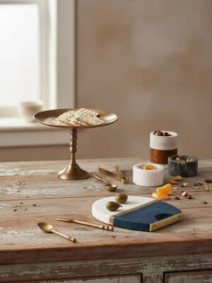 Tall brass pedestal stand on a wood table with crackers, surrounded by small bowls, gold spoons, and a blue-and-marble serving board.