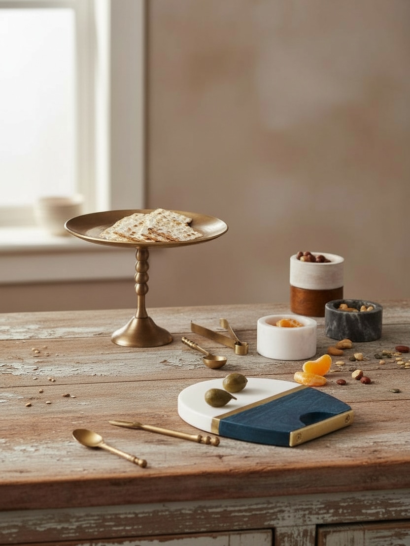 be-made-hays-ks-brass-pedestal-large-flatlay-with-serveware Tall brass pedestal stand on a wood table with crackers, surrounded by small bowls, gold spoons, and a blue-and-marble serving board.