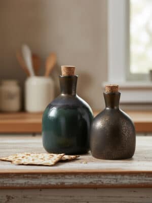 Ceramic olive oil bottle set with cork stoppers in muted green and metallic copper finishes on a rustic kitchen counter.