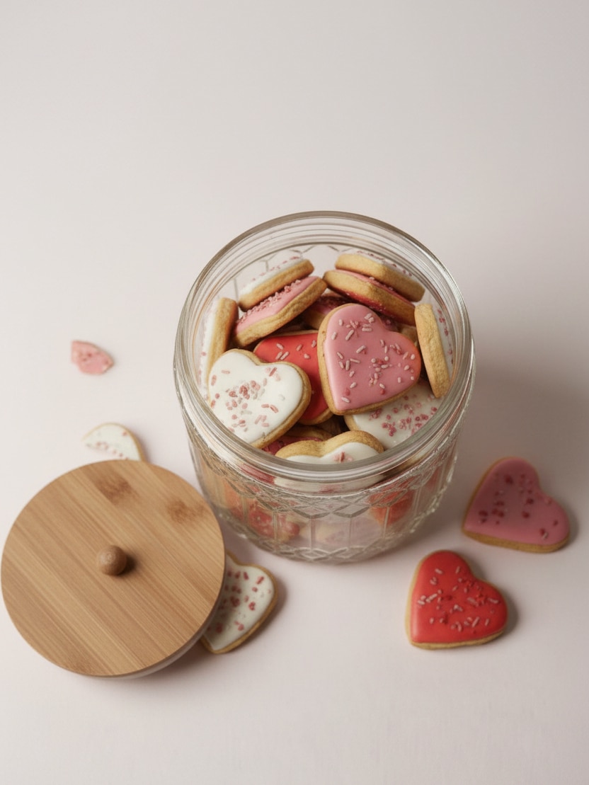 Top View of Open Glass Canister with Acacia Wood Lid Filled with Cookies