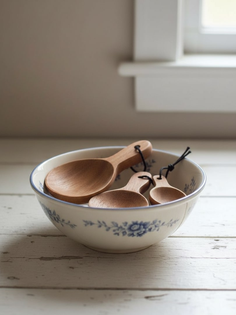 Three small hand-carved acacia wood spoons resting inside a white ceramic bowl with a blue floral pattern on a whitewashed table.