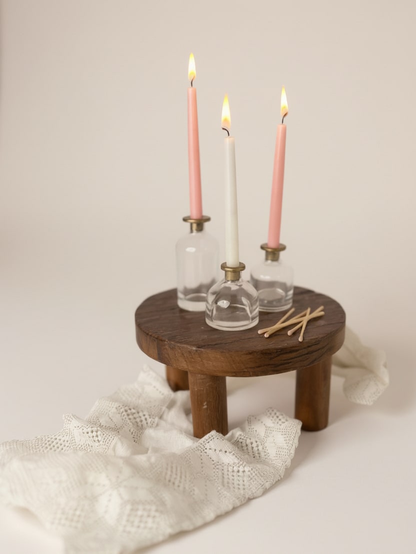 Round Wood Pedestal styled with Skinny Taper Glass Candle Holders and Evoke skinny taper candles